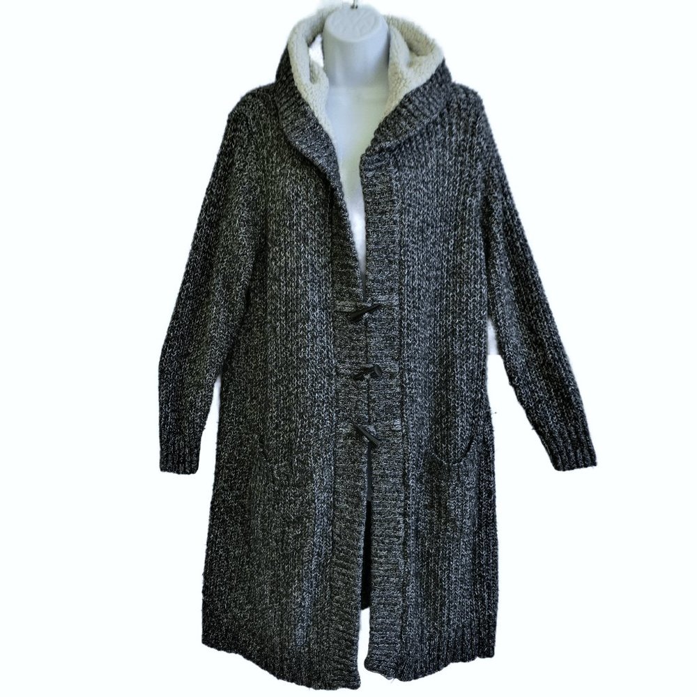 Torrid Cardigan Dark Grey Marled Longline Faux Sherpa Hood Toggle Pockets  2